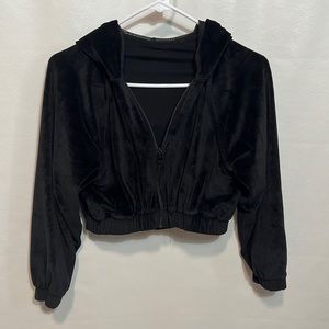 !!3 FOR $25 -- Y2K Style Cropped Black Velour Zip-Up Hoodie